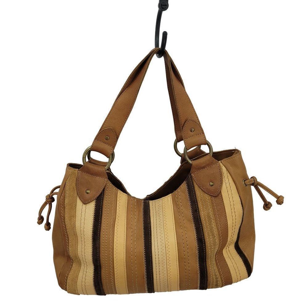 Vintage Fossil Hobo Leather Patchwork Studded‎ Embroidered Shoulder Bag Brown